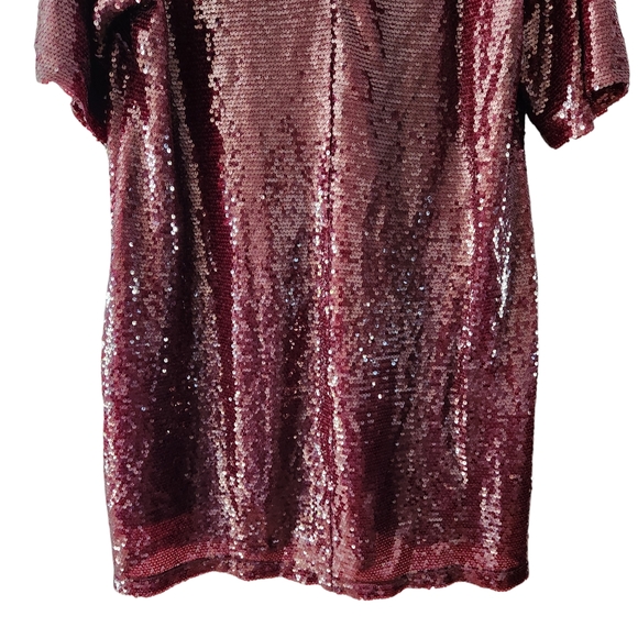 City Chic Burgundy Sequin Short Sleeve V Neck Pullover Party Shift Mini Dress - Picture 8 of 8